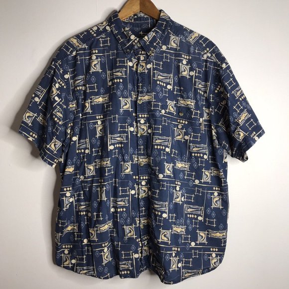 Woolrich Men's 2XL Blue Short Sleeve Button Shirt Fishing Fish Print - Picture 1 of 8